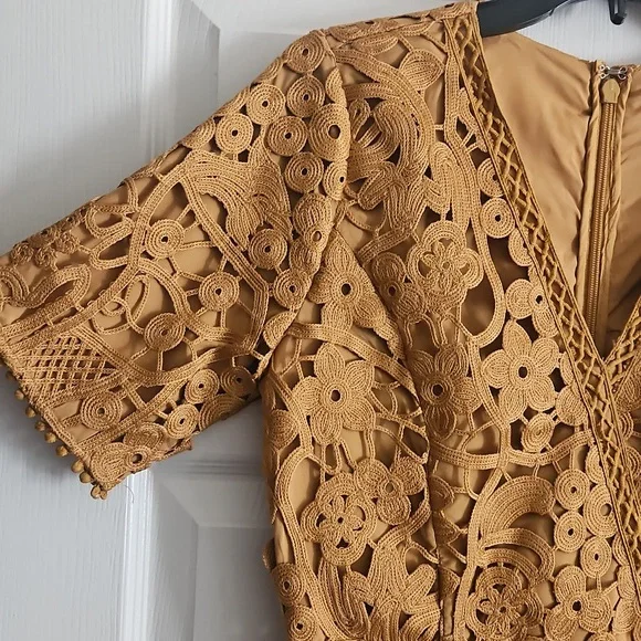 Adelyn Rae Lace V-neck Short Sleeve  Sheath Mini Dress: Color- Mustard - Picture 5 of 11